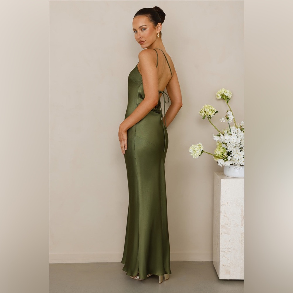 Hello Molly Olive Green One-Shoulder Satin Gown - Picture 2 of 6